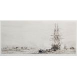 William Lionel Wyllie (1851-1931) HMS Victory firing a salute in Portsmouth Harbour etching,