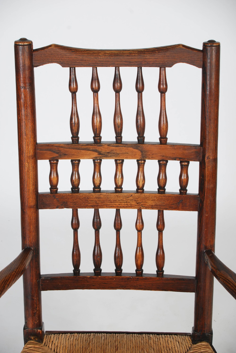 A set of eight 19th century ash Lancashire spindle back dining chairs, with woven rush seats, - Image 7 of 10