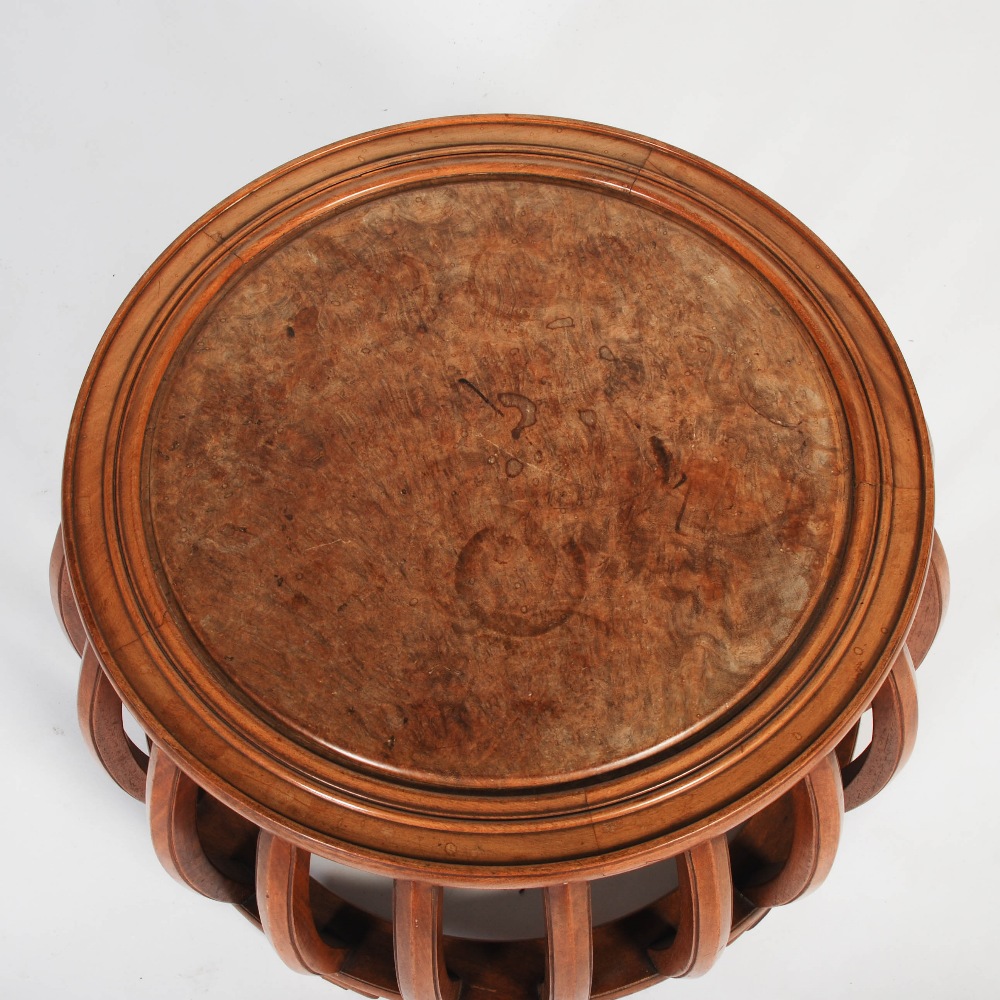 A Chinese dark wood and burr wood drum shaped jardiniere stand, the circular top with a burr wood - Image 2 of 5