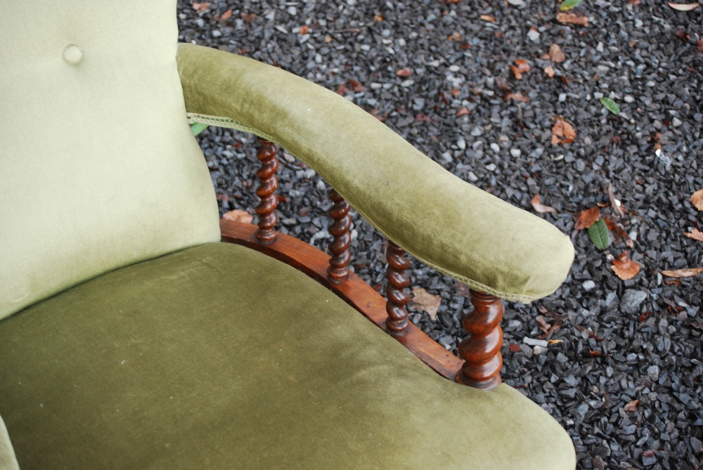 A Victorian walnut armchair, the velvet upholstered back, arms and seat raised on tapered - Image 5 of 7