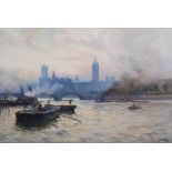 Joseph Milne (1857-1911) On The Thames, Westminster, London oil on canvas, signed lower right 39cm x