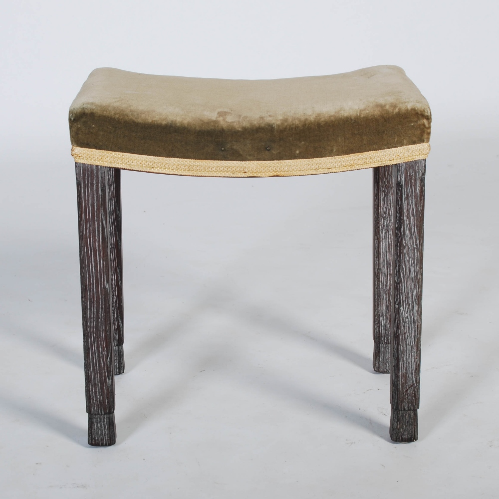 A George VI Coronation stool by Maple & Co., limed oak with velvet upholstered seat and gold - Image 4 of 9