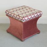 A late 19th century square shaped ottoman, the hinged square top with needlework upholstery above