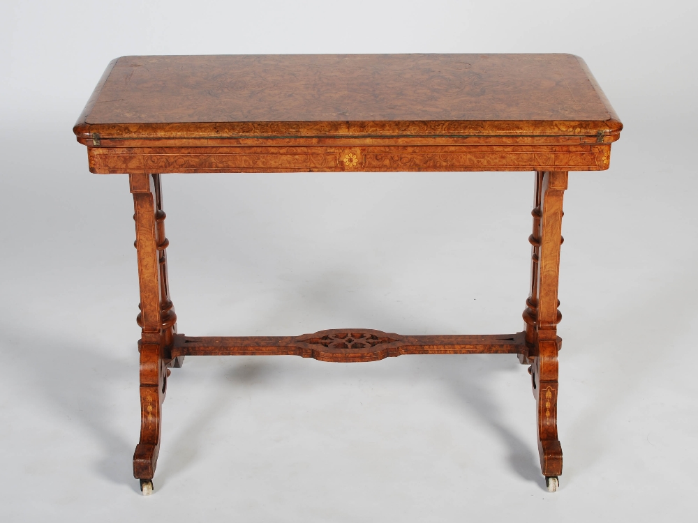 A Victorian walnut and marquetry inlaid card table, the hinged rectangular top with a moulded edge - Image 9 of 9