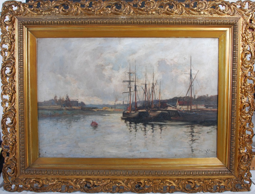 Joseph Milne (1857-1911) Harbour scene oil on canvas, signed lower right 49.5cm x 75cm - Image 2 of 5