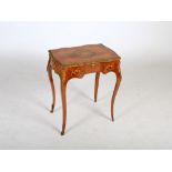 A late Victorian mahogany, rosewood and marquetry gilt metal mounted writing table, the shaped