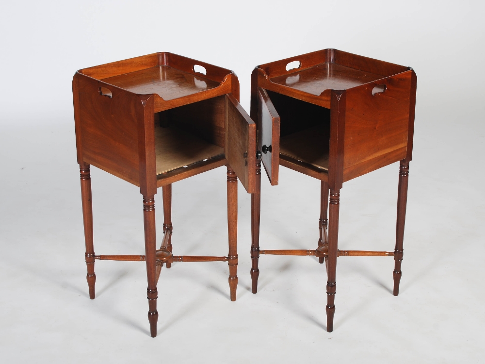 A pair of 19th century mahogany bedside lockers, the square tops with three quarter galleries and - Image 2 of 8