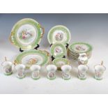 A late 19th/ early 20th century Continental apple green ground part tea set, decorated with