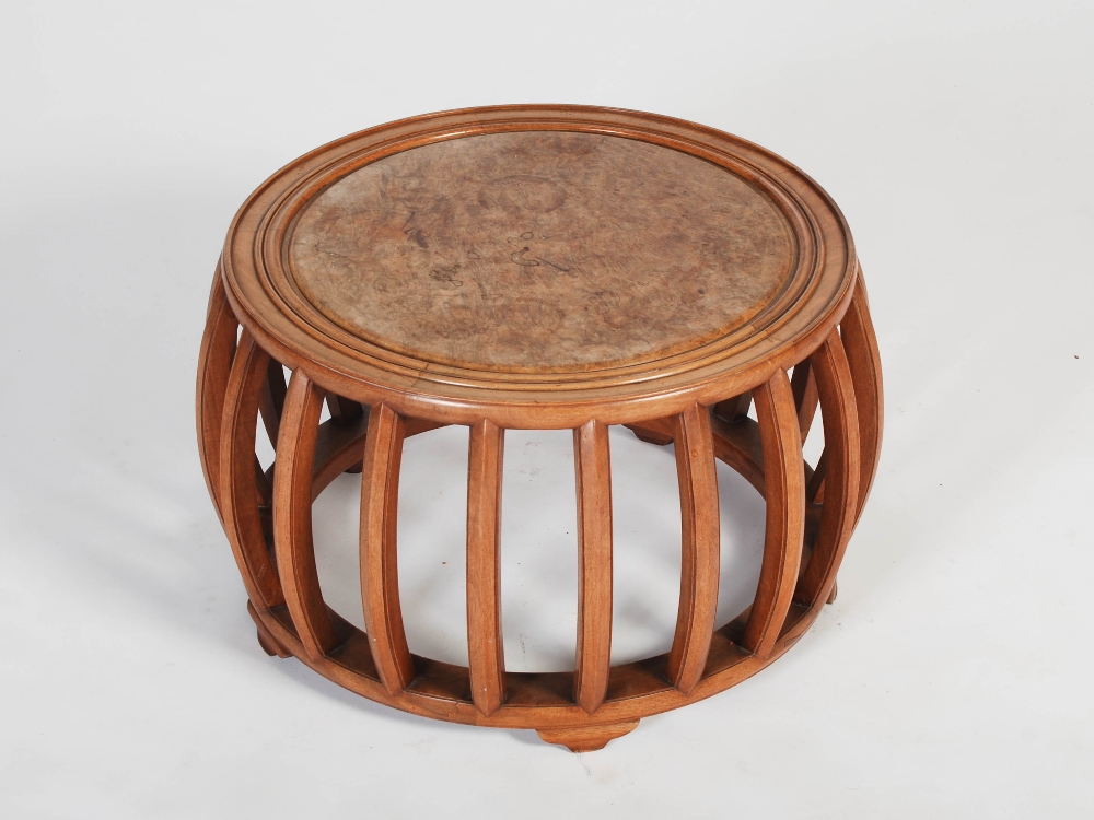 A Chinese dark wood and burr wood drum shaped jardiniere stand, the circular top with a burr wood - Image 3 of 5