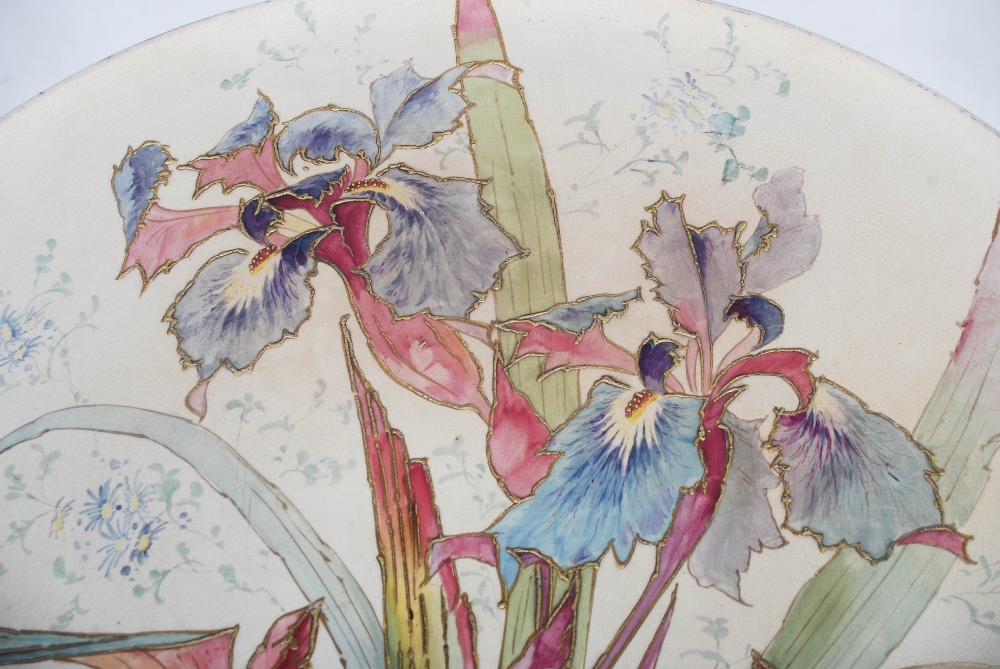 A late 19th century pottery occasional table, the circular top decorated with iris, raised on a - Image 9 of 9