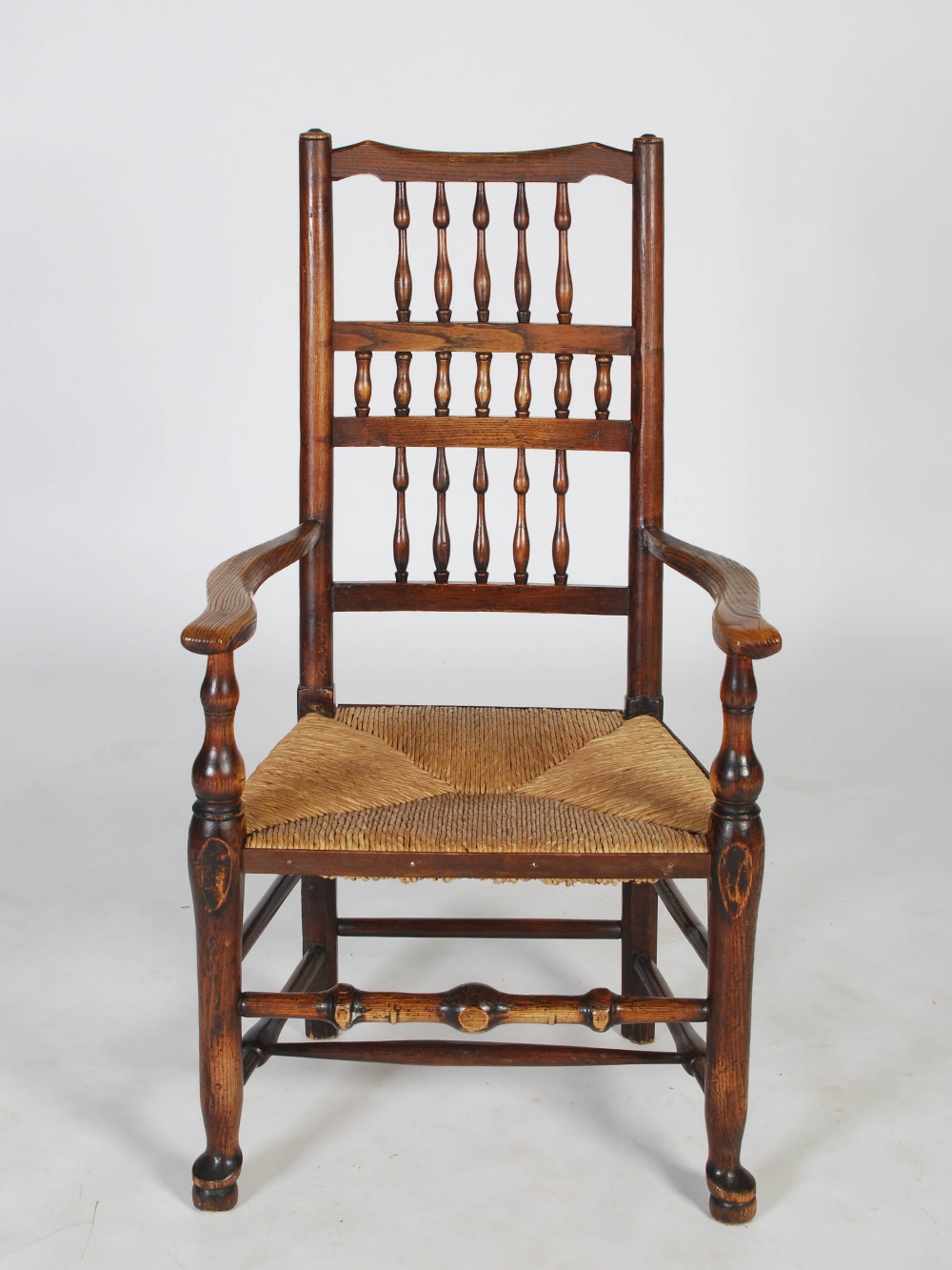 A set of eight 19th century ash Lancashire spindle back dining chairs, with woven rush seats, - Image 10 of 10