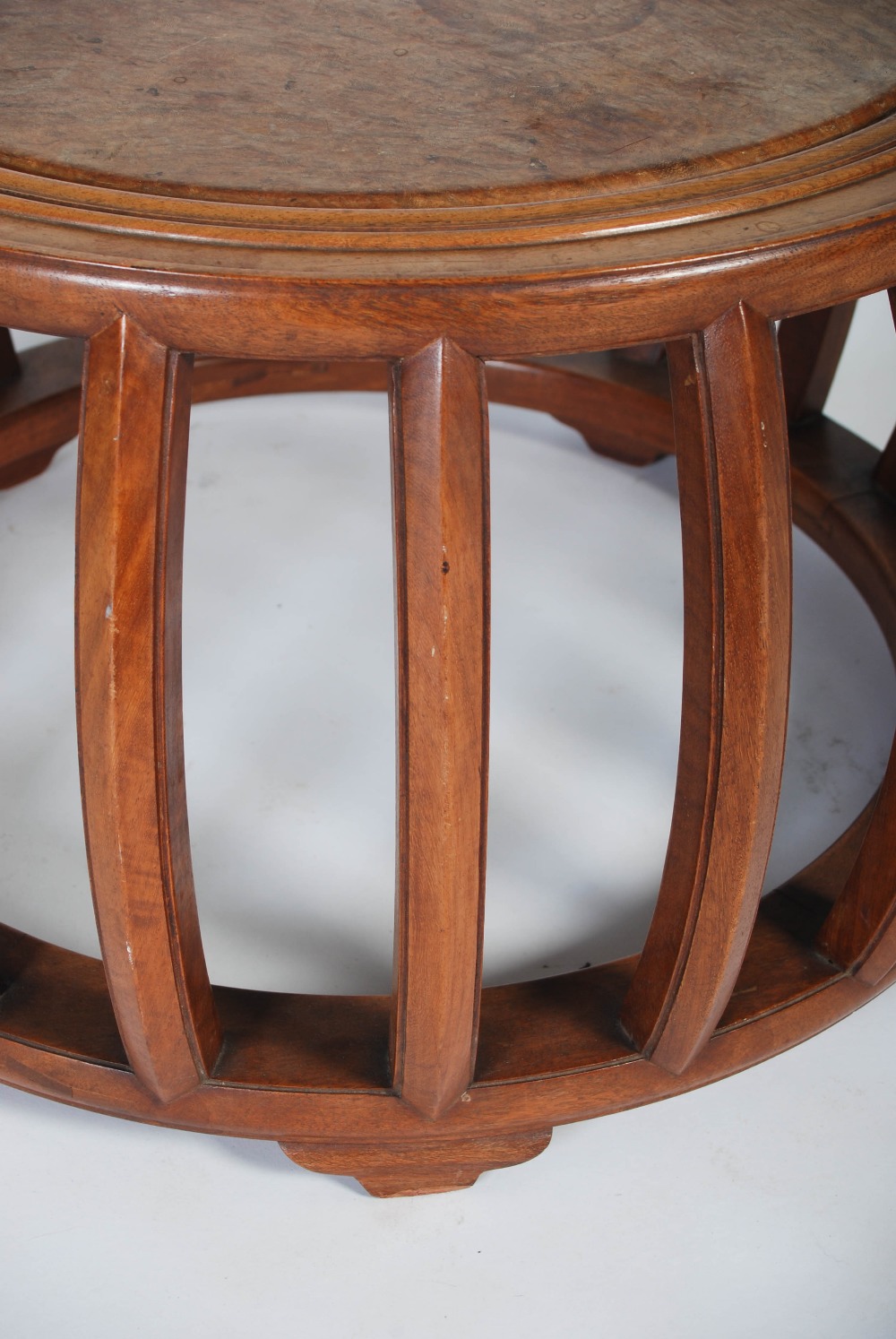 A Chinese dark wood and burr wood drum shaped jardiniere stand, the circular top with a burr wood - Image 5 of 5