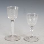 Two 18th century wine glasses of Jacobite interest, comprising; an opaque twist wine glass with ogee