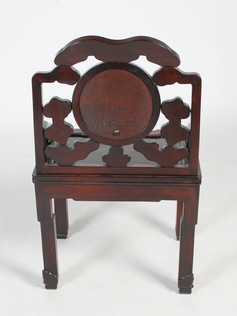 A Chinese hongmu chair, Qing Dynasty, early 19th century, the scroll carved back centred with a - Image 7 of 7