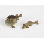 Two late 19th/ early 20th century cold painted bronze fish, comprising; a puffer fish, 3cm high x