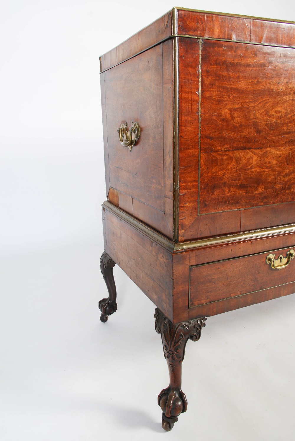 A George III mahogany and brass bound chest on stand, the rectangular chest with brass inlaid - Image 2 of 10