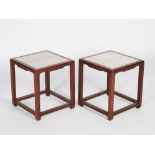 A pair of Chinese dark wood and marble square shaped jardiniere stands / occasional tables, late