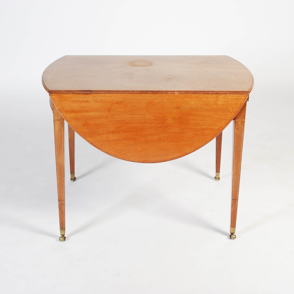 A 19th century mahogany and boxwood lined Pembroke table, the oval top with twin drop leaves over - Image 8 of 8