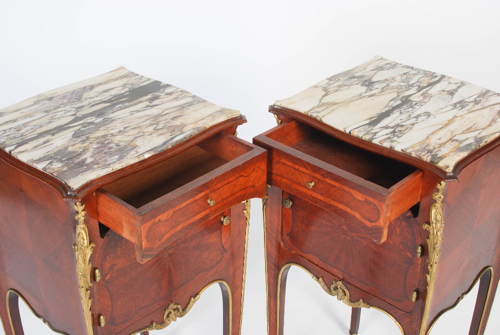 A pair of late 19th century French kingwood, marquetry and ormolu mounted bedside commodes in the - Image 3 of 9