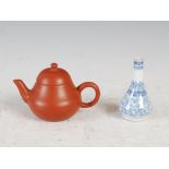 A miniature Chinese porcelain blue and white bottle vase and miniature Yixing teapot and cover,