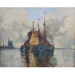 J.P. Clays (Dutch, early 20th century) River scene with barges oil on board, signed lower left