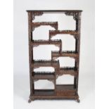 A Chinese dark wood display cabinet, Qing Dynasty, the rectangular top above nine open shelves and a