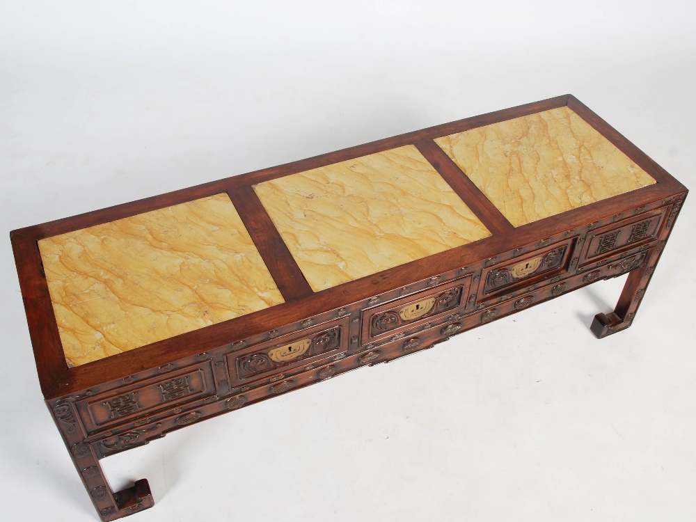 A Chinese dark wood Kang table, late Qing Dynasty, the rectangular top with three mottled yellow - Image 5 of 6