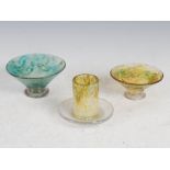 Three pieces of Monart, comprising; a vesta holder, mottled green and opaque white with gold