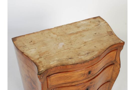 A 19th century Italian walnut and parquetry inlaid serpentine commode, the mottled green, white - Image 16 of 17