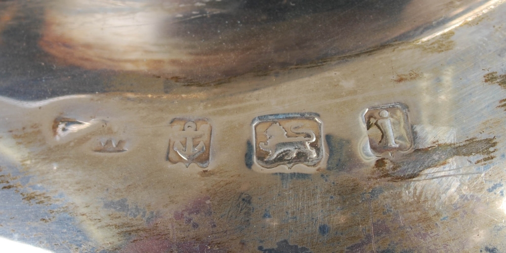 An Edwardian silver three piece tea set, Birmingham, 1908, makers mark of T.W, of plain circular - Image 7 of 16