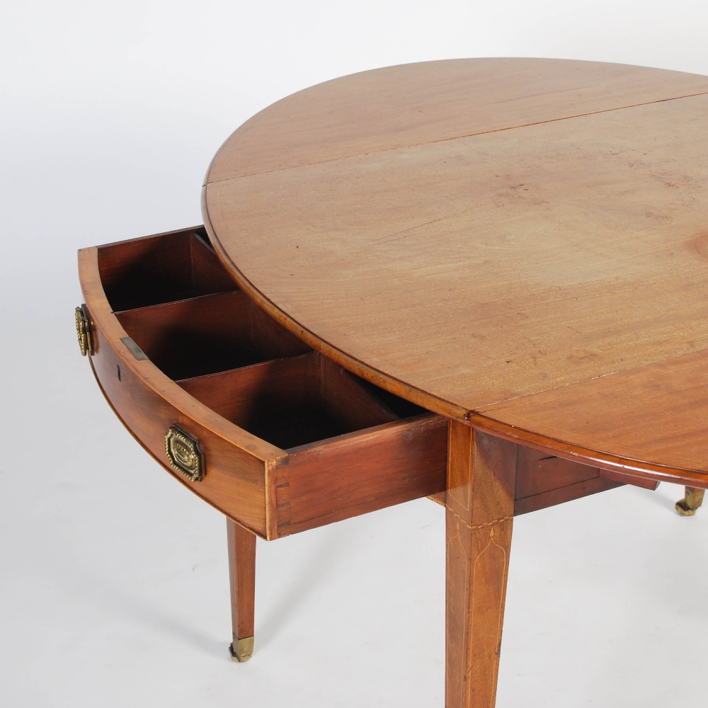A 19th century mahogany and boxwood lined Pembroke table, the oval top with twin drop leaves over - Image 7 of 8