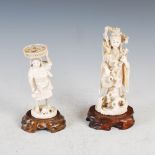 Two Japanese ivory okimonos, Meiji Period, the larger okimono carved as female samisen player,