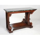 A 19th century rosewood console table, the green, white and black veined marble top above a