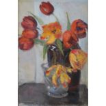 May Brown (early 20th century) Still life with red and yellow tulips oil on canvas, signed lower