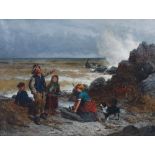F. J. Kinnaird (19th century) Fisherman pointing to the wreck oil on canvas, signed lower left