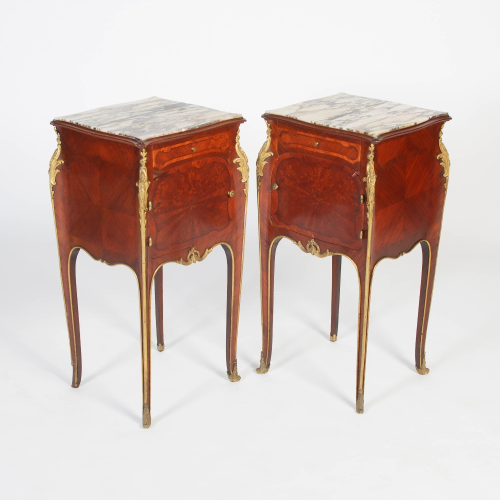 A pair of late 19th century French kingwood, marquetry and ormolu mounted bedside commodes in the