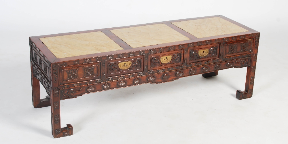 A Chinese dark wood Kang table, late Qing Dynasty, the rectangular top with three mottled yellow