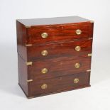 A 19th century mahogany and brass bound two part campaign chest, the rectangular top with brass