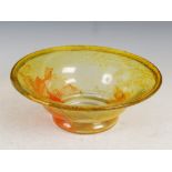 A rare Monart uranium glass bowl, shape IG, mottled yellow with orange splashes, 30cm diameter x