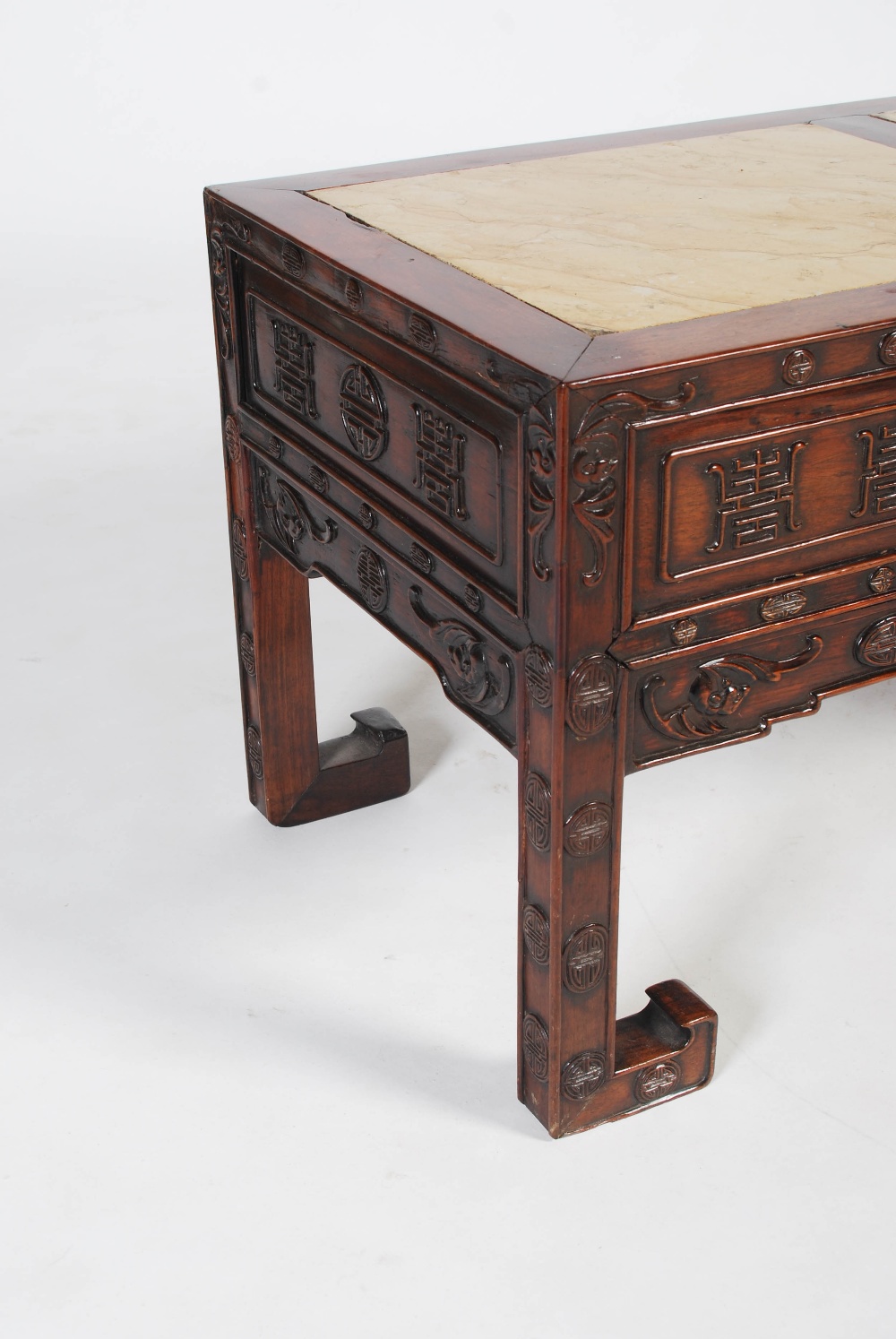 A Chinese dark wood Kang table, late Qing Dynasty, the rectangular top with three mottled yellow - Image 2 of 6