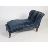 A 19th century mahogany chaise longue, the blue velvet upholstered back and seat with loose cushion,
