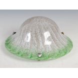 A Monart plafonnier, mottled green and opaque white with clear glass bubble and line decoration,