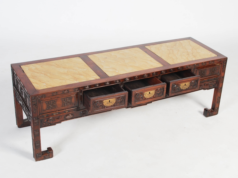 A Chinese dark wood Kang table, late Qing Dynasty, the rectangular top with three mottled yellow - Image 4 of 6