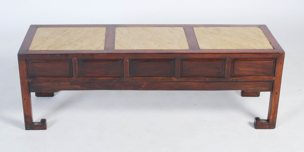 A Chinese dark wood Kang table, late Qing Dynasty, the rectangular top with three mottled yellow - Image 6 of 6