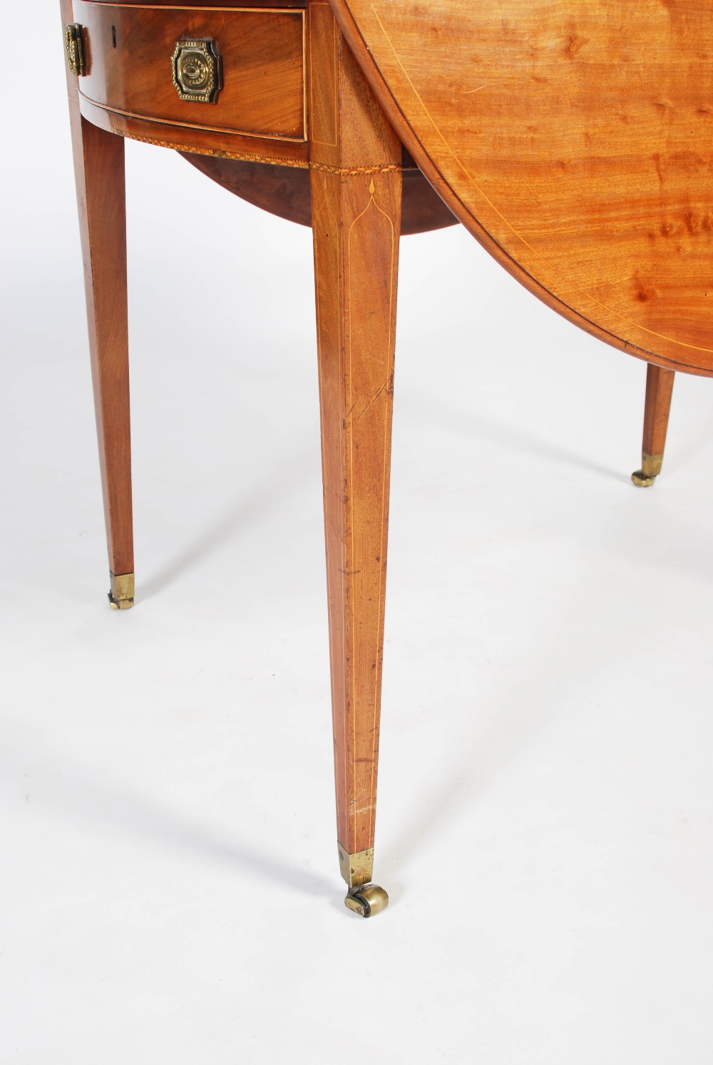 A 19th century mahogany and boxwood lined Pembroke table, the oval top with twin drop leaves over - Image 3 of 8