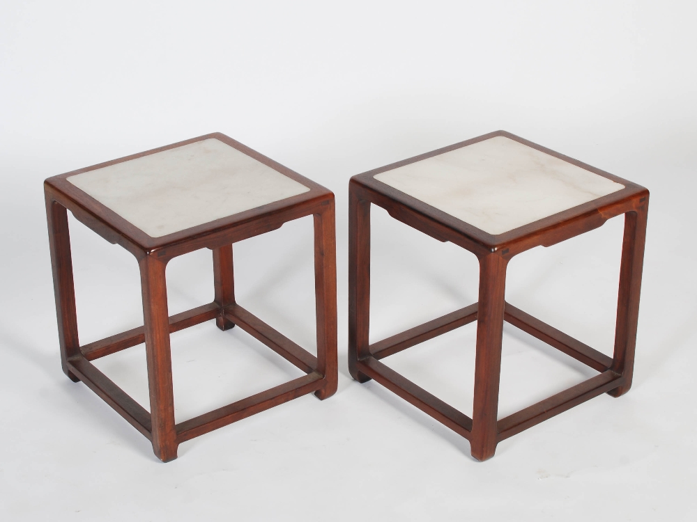 A pair of Chinese dark wood and marble square shaped jardiniere stands / occasional tables, late - Image 7 of 7
