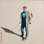 AR Celie Byrne (Scottish, Contemporary) Jim and Clive two oils on canvas with dymo tape signed and