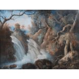 18th/ 19th century European School River scene with waterfalls and rotunda charcoal and coloured