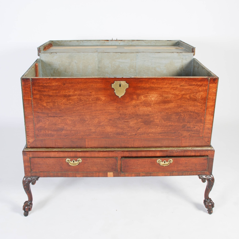 A George III mahogany and brass bound chest on stand, the rectangular chest with brass inlaid - Image 6 of 10