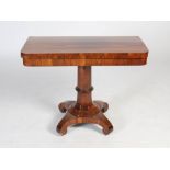 A 19th century rosewood pedestal tea table, the hinged, revolving rectangular top above a plain